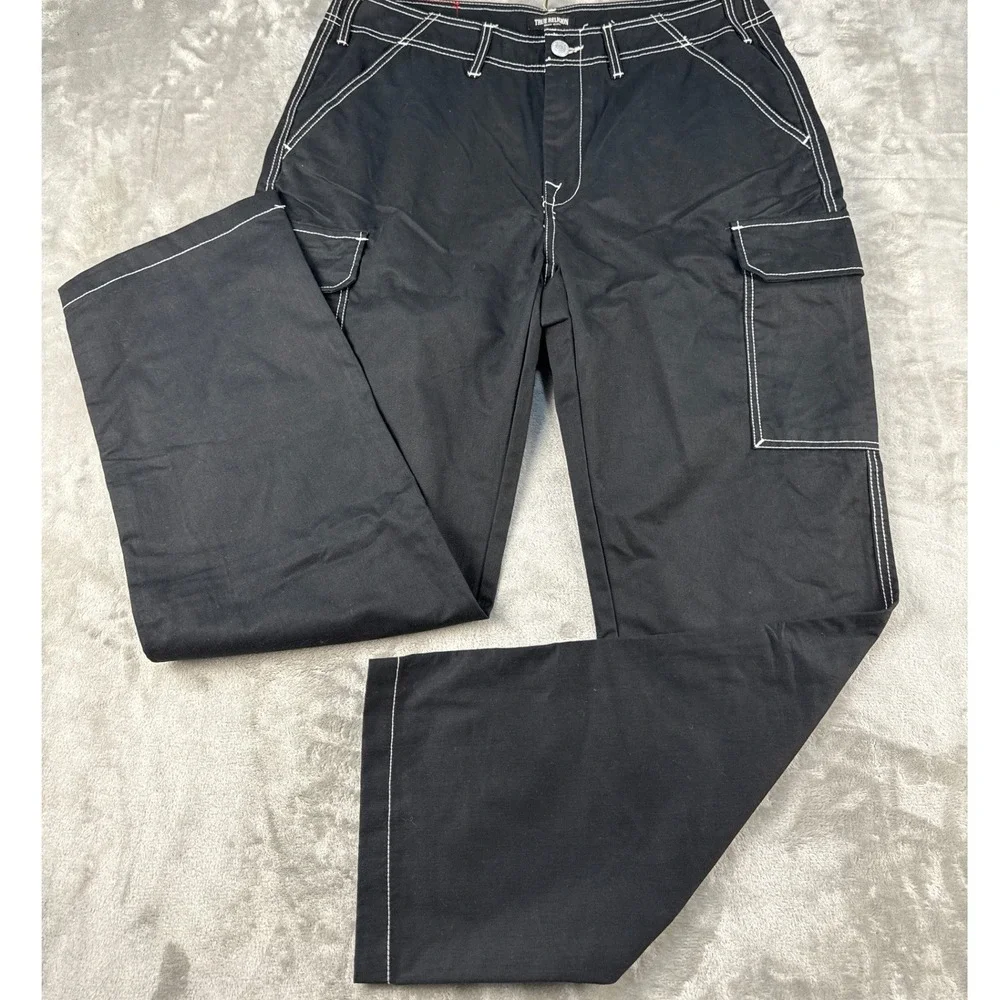 True Religion Cargo Pants Mens 34 Baggy EMB HS SN Jet Black Contrast Stitch NEW